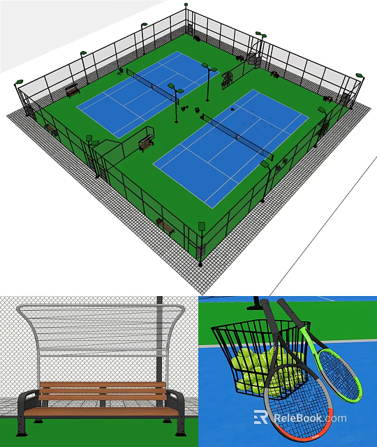 Two Tennis Courts With Green Surface Blue Playing Areas Fencing And Sports Equipment 3d model 