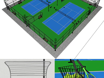 Two Tennis Courts With Green Surface Blue Playing Areas Fencing And Sports Equipment 3d model