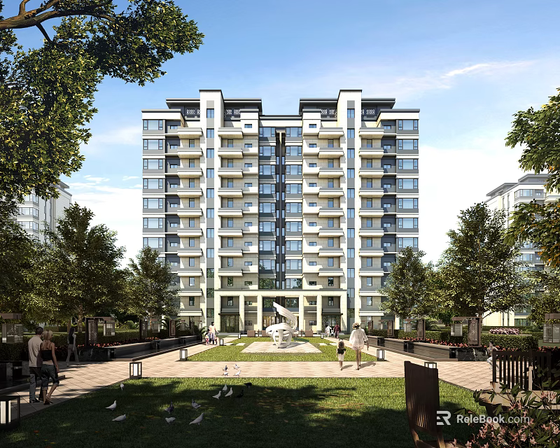 Modern Residential Building Exterior with Lush Greenery Lawn Trees and Scenic Landscape 3d model 