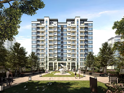 Modern Residential Building Exterior with Lush Greenery Lawn Trees and Scenic Landscape 3d model
