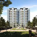 Modern Residential Building Exterior with Lush Greenery Lawn Trees and Scenic Landscape