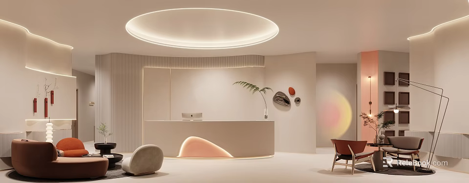 Modern Beauty Salon Reception Area With Circular Ceiling Light Curved Front Desk And Decorative Mirrors 3d model 