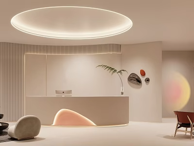 Modern Beauty Salon Reception Area With Circular Ceiling Light Curved Front Desk And Decorative Mirrors 3d model