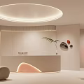 Modern Beauty Salon Reception Area With Circular Ceiling Light Curved Front Desk And Decorative Mirrors