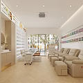 Modern Beauty Salon Interior With Light Sofas Glass Tables Color Palettes And Product Shelves
