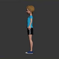3D Child With Red Hair Blue T-shirt Black Shorts Blue Shoes Standing On Gray Background