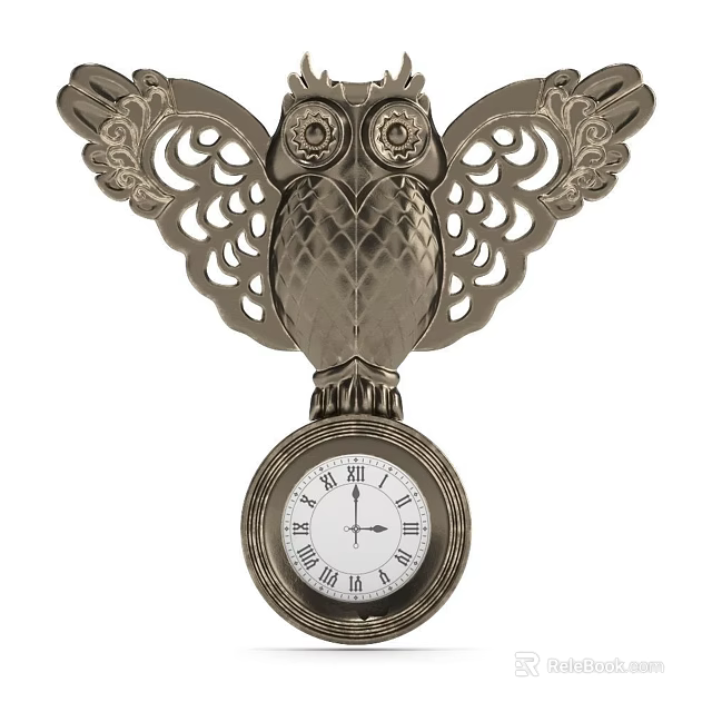 Decorative Owl Shaped Wall Clock with Intricate Carved Wings and Roman Numerals Face 3d model 