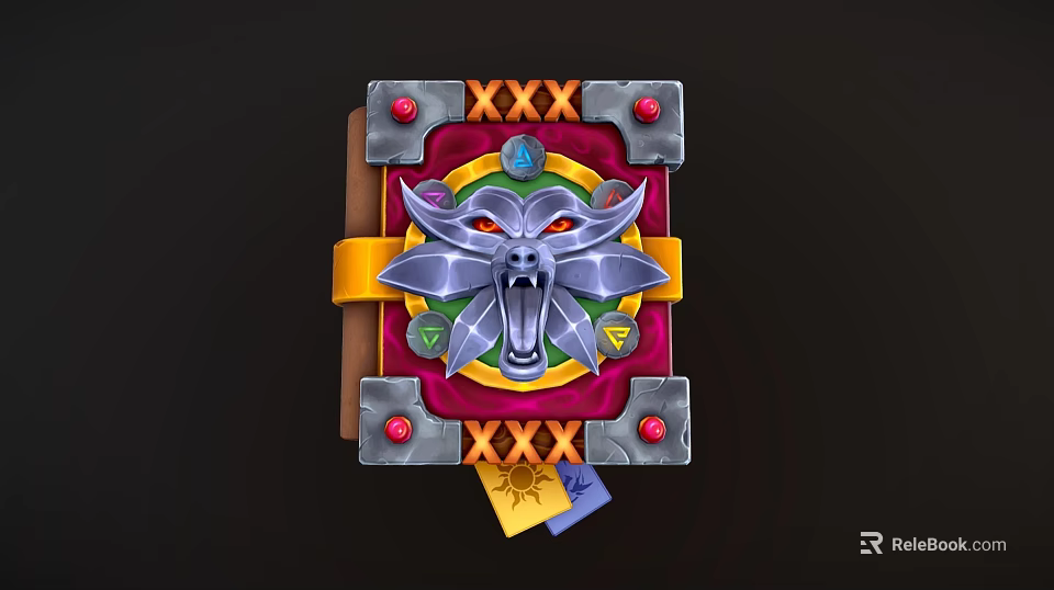 Fantasy Book Cover With Wolf Head Emblem Golden Strap Red Gems And Colorful Runes 3d model 