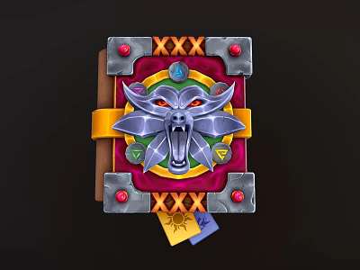 Fantasy Book Cover With Wolf Head Emblem Golden Strap Red Gems And Colorful Runes 3d model