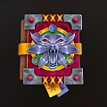 Fantasy Book Cover With Wolf Head Emblem Golden Strap Red Gems And Colorful Runes