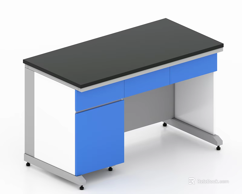 Modern Functional Desk with Black Tabletop Blue Drawers White Frame and Silver Legs 3d model 
