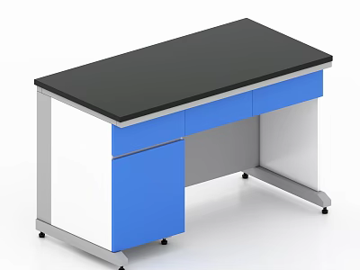 Modern Functional Desk with Black Tabletop Blue Drawers White Frame and Silver Legs 3d model