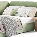 Green And Beige Kids Bed With Soft Pillows Cozy Blankets And Small Nightstand