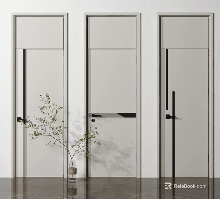 Sleek Modern Hinged Doors Featuring White Panels And Black Handles In Minimalist Interior 3d model 