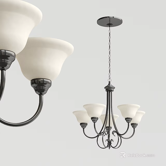 Elegant Black Metal Chandelier With White Glass Shades And Multiple Arms For Home Interior Decoration 3d model 