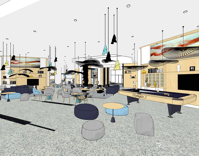 Modern Clubhouse Interior With Pendant Lights Tables Chairs And Bar Counter 3d model 