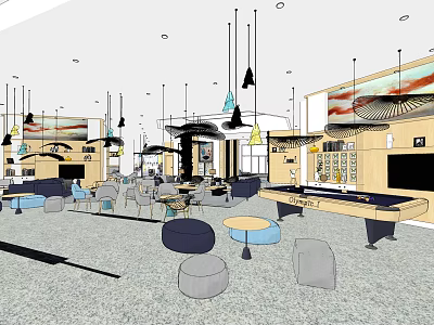 Modern Clubhouse Interior With Pendant Lights Tables Chairs And Bar Counter 3d model