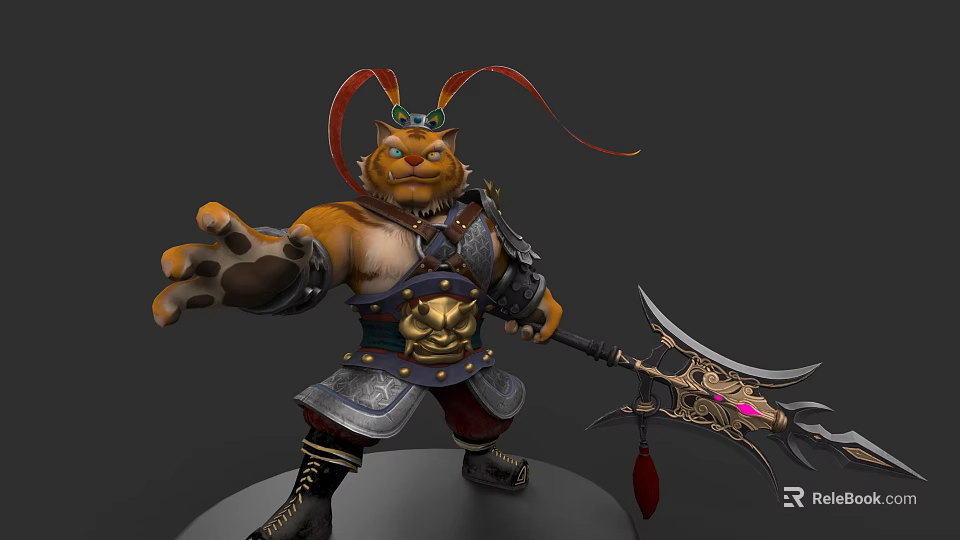 Feline Warrior Character In Decorative Armor With Spiked Weapon And Red Accents 3d model 