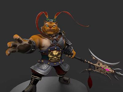 Feline Warrior Character In Decorative Armor With Spiked Weapon And Red Accents 3d model