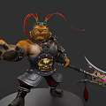 Feline Warrior Character In Decorative Armor With Spiked Weapon And Red Accents