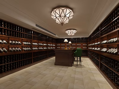 Elegant Wine Cellar With Wooden Wine Racks Bar Counter Green Chair And Pendant Lights 3d model