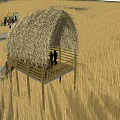 Thatched Roof Wooden Pavilion In Golden Grassland With Stairs And People Around