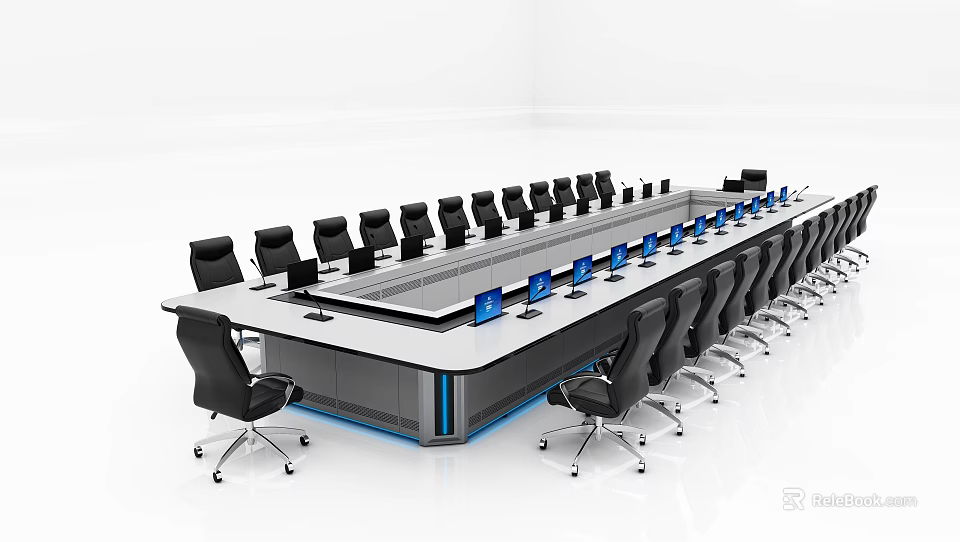 Modern Office Conference Table With Black Chairs Laptop Screens And Blue Lighting 3d model 