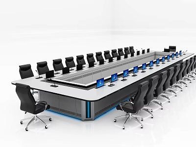 Modern Office Conference Table With Black Chairs Laptop Screens And Blue Lighting 3d model