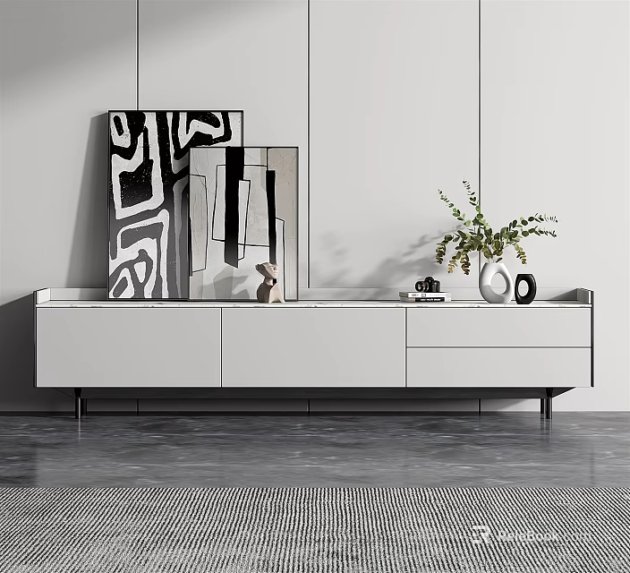 Modern TV Stand With Drawers Cabinets And Potted Plant Near Abstract Paintings 3d model 
