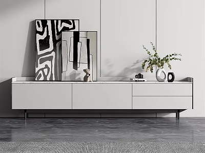 Modern TV Stand With Drawers Cabinets And Potted Plant Near Abstract Paintings 3d model