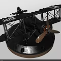 Black Biplane Model Decorative Ornament Set With Wooden Propeller And Circular Base
