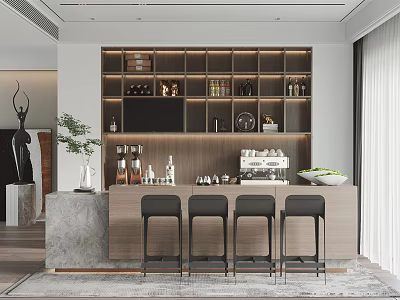 Modern Bar Area Interior With Wooden Countertop Four Bar Stools Wine Shelves And Coffee Machine 3d model