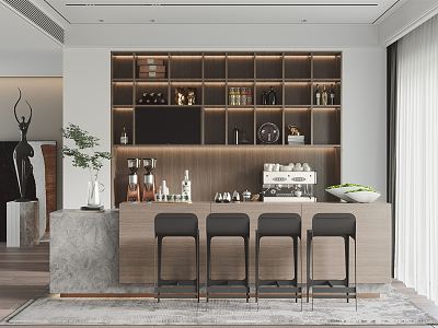 Modern Bar Counter Area Home Furnishing Bar Counter Bar Chair Coffee Machine Moss Green Plant Potted Plant Jewelry Meet Combination Bar Counter Cabinet Home Furnishing Restaurant Bar Counter Area model