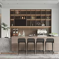 Modern Bar Area Interior With Wooden Countertop Four Bar Stools Wine Shelves And Coffee Machine