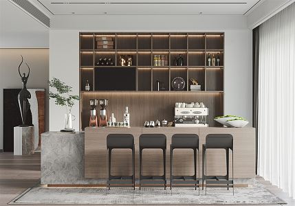 Modern Bar Counter Area Home Furnishing Bar Counter Bar Chair Coffee Machine Moss Green Plant Potted Plant Jewelry Meet Combination Bar Counter Cabinet Home Furnishing Restaurant Bar Counter Area 3d model