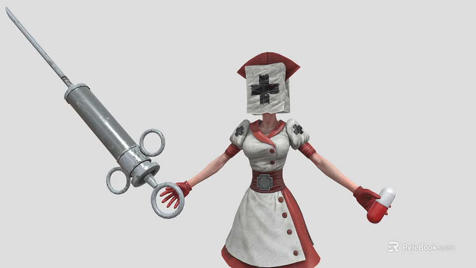 Nurse Character in Uniform Holding Large Syringe and Medicine Bottle with White Cross Head Cloth 3d model 
