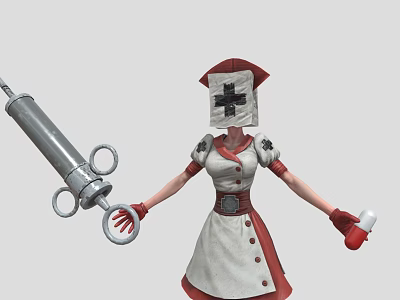 Nurse Character in Uniform Holding Large Syringe and Medicine Bottle with White Cross Head Cloth 3d model