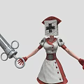 Nurse Character in Uniform Holding Large Syringe and Medicine Bottle with White Cross Head Cloth