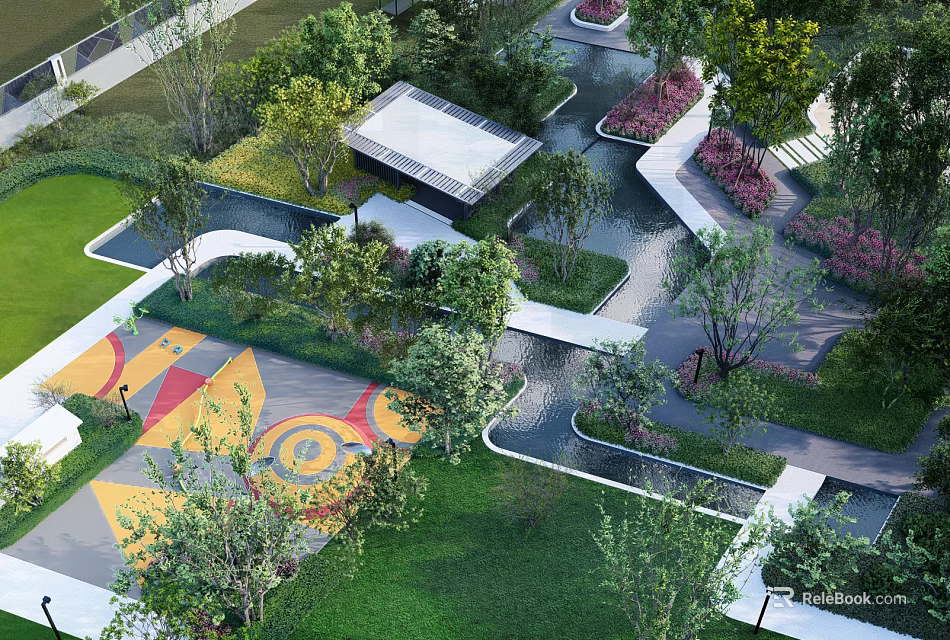Residential Landscape Design Featuring Green Lawns Walking Paths Colorful Pavement And Water Features 3d model 