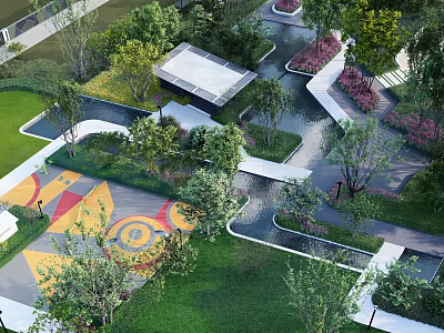 Residential Landscape Design Featuring Green Lawns Walking Paths Colorful Pavement And Water Features 3d model