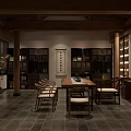 Traditional Teahouse Interior With Wooden Pillars Bookshelves Long Table And Chairs