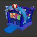Colorful Blue Inflatable Castle with Dolphin Shapes Red and White Ball Castle Door and Step
