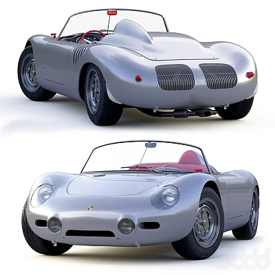 Silver Vintage Convertible Sports Cars Displayed From Front And Side 3d model