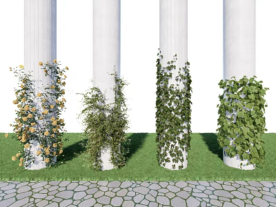 Various Decorative Vines Growing On White Columns With Green Grass And Stone Pavement 3d model