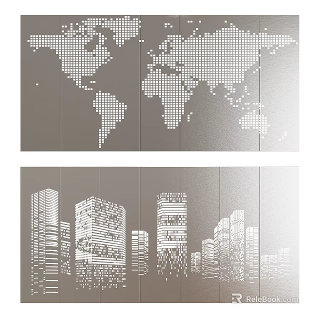 Decorative Wall Panel With World Map And City Silhouette Artwork Design 3d model 
