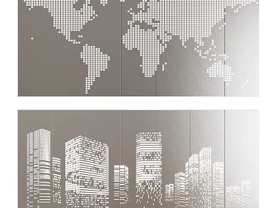 Decorative Wall Panel With World Map And City Silhouette Artwork Design 3d model
