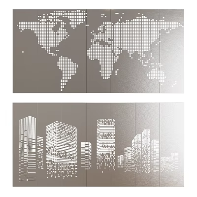 Decorative Wall Panel With World Map And City Silhouette Artwork Design 3d model