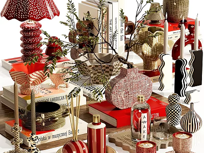 Decorative Ornament Set With Red Books Vases Table Lamp Plant And Geometric Decorations 3d model