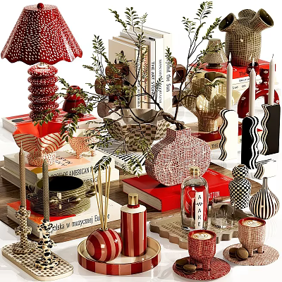 Decorative Ornament Set With Red Books Vases Table Lamp Plant And Geometric Decorations 3d model