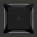 Black Metal Stool With Four Legs And Crossbar On Dark Reflective Surface